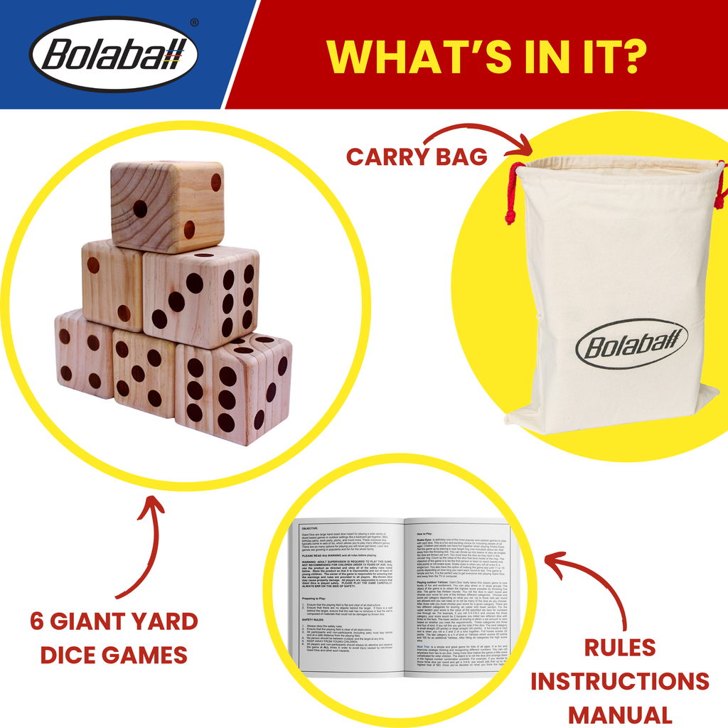 Bolaball Giant Wooden Yard Dice Set - 3.5" Medium Brown Dice with Carry Bag for Outdoor Games, BBQ, and Parties