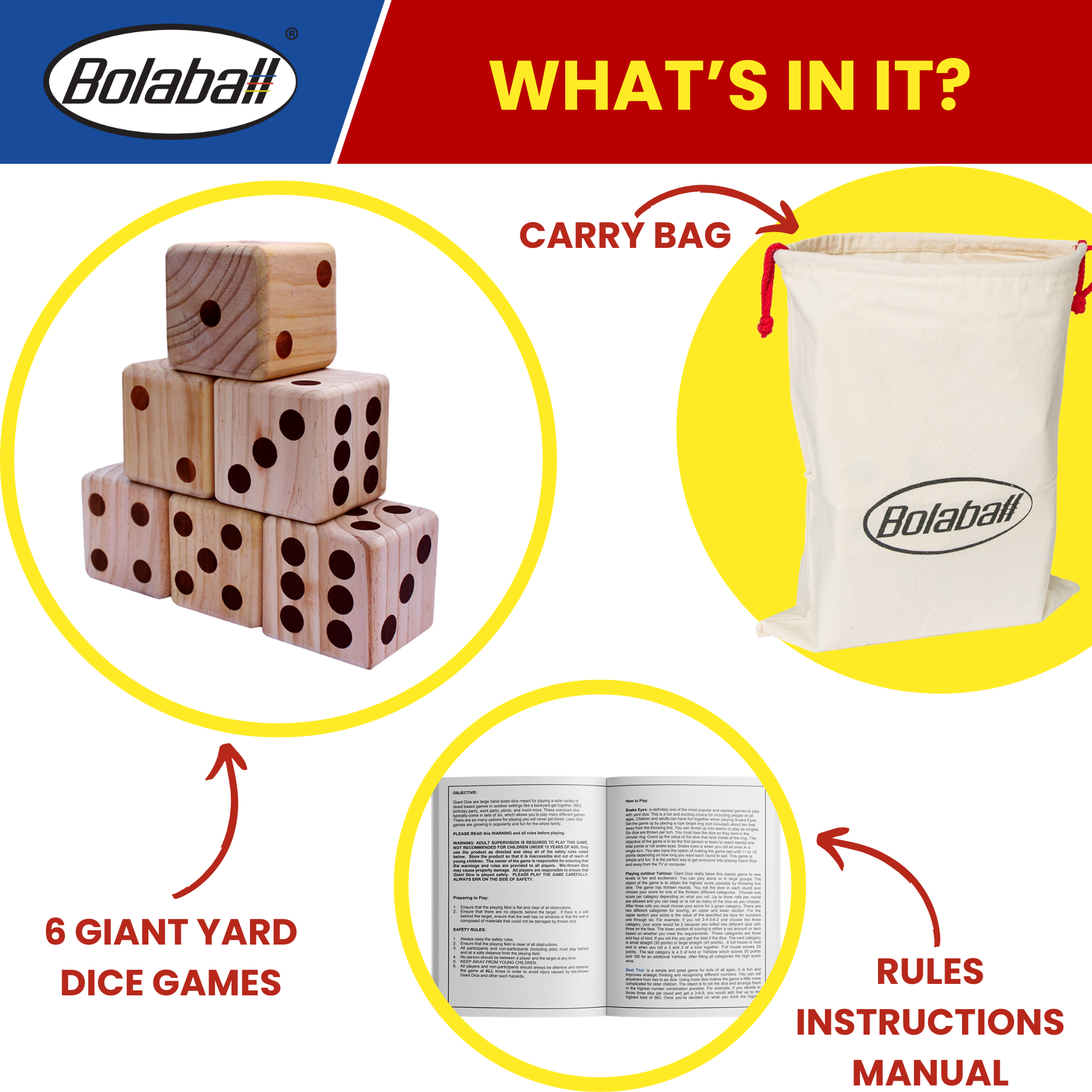 Bolaball Giant Wooden Yard Dice Set - 3.5" Medium Brown Dice with Carry Bag for Outdoor Games, BBQ, and Parties
