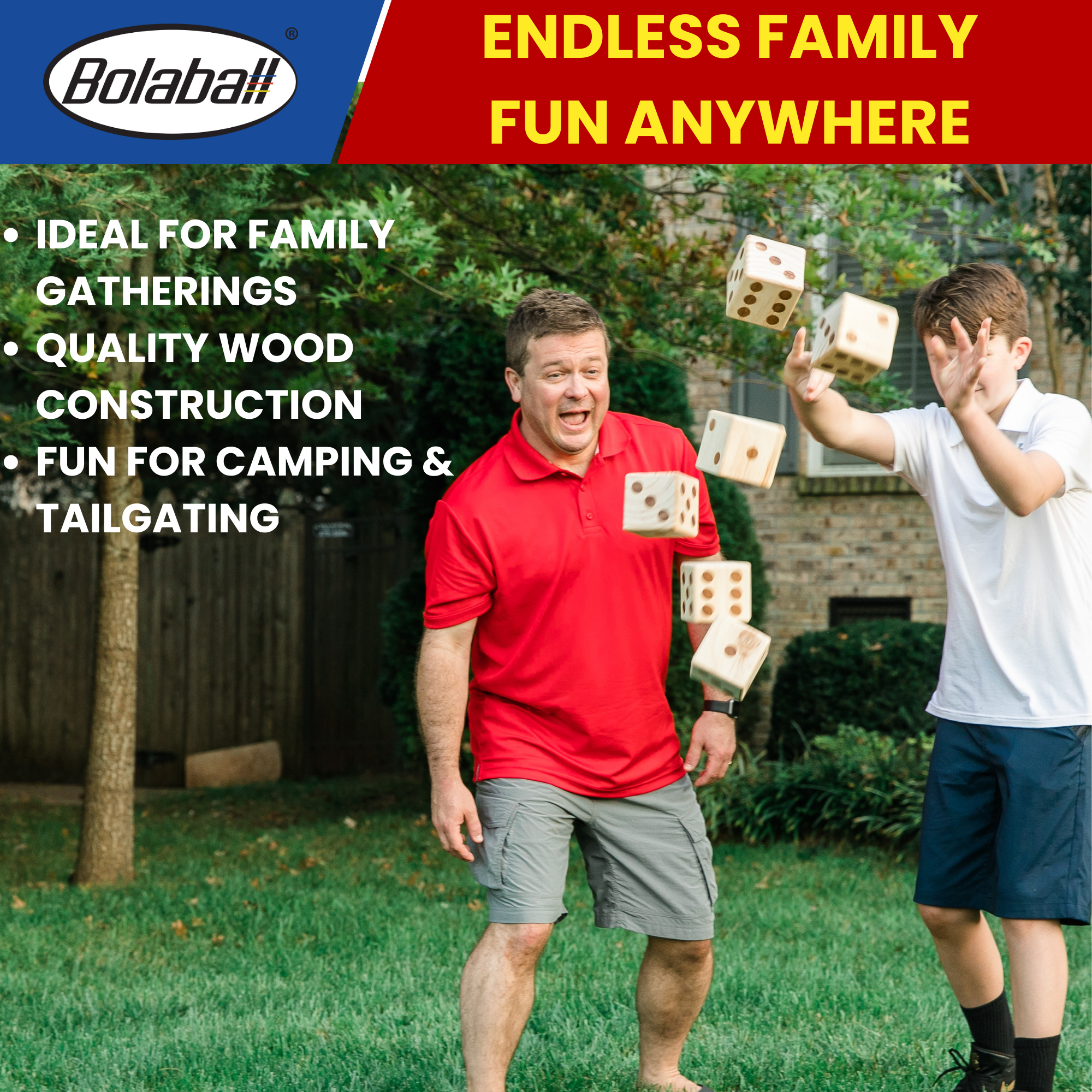 Bolaball Giant Wooden Yard Dice Set - 3.5" Medium Brown Dice with Carry Bag for Outdoor Games, BBQ, and Parties
