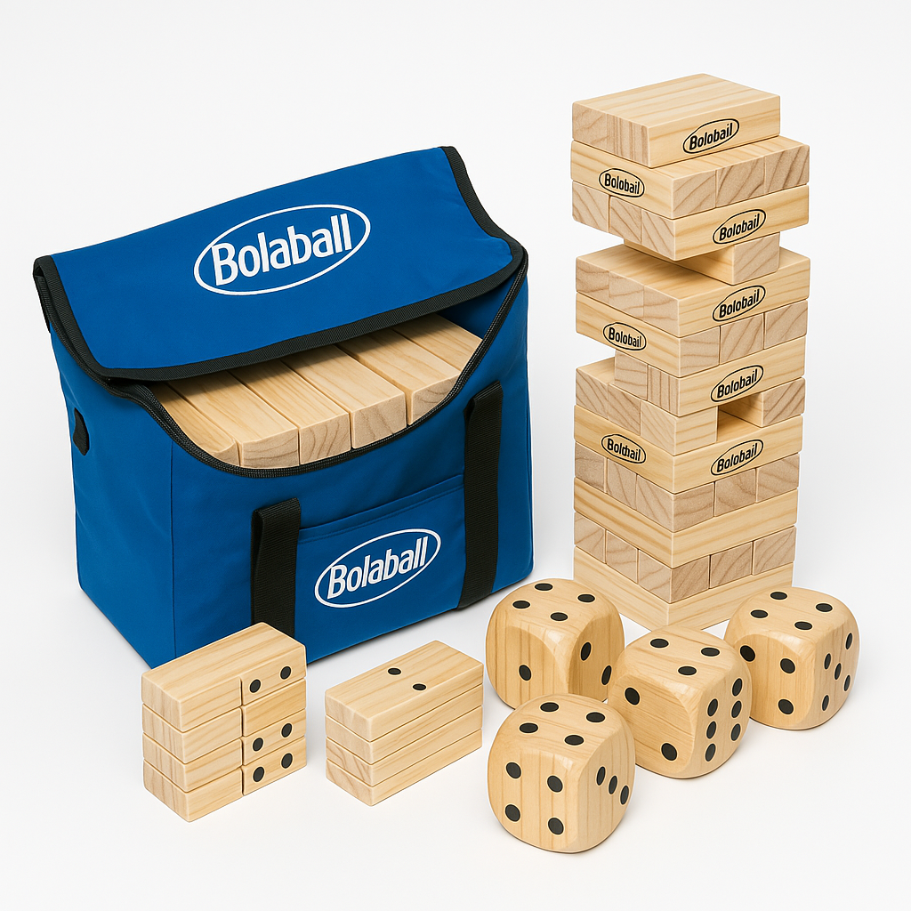 Bolaball 3 in 1 Game Set, 45 Pieces Large Tumbling Blocks, 28 Giant Dominoes and 6 Giant Dice, Indoor Outdoor Game Combo Set for Family and Friends with Carry Bag