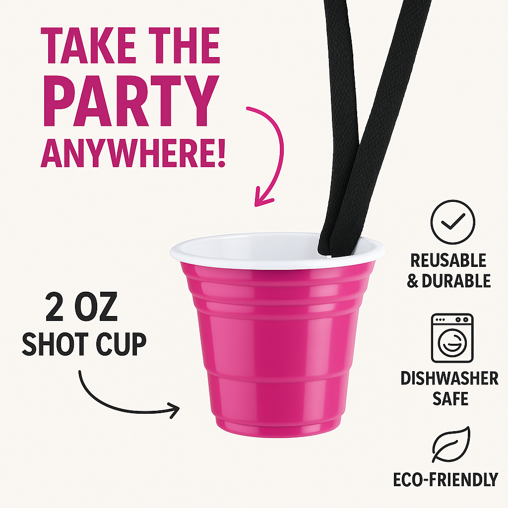 Redcupliving 2 oz Pink Reusable Shot Cup with Lanyard