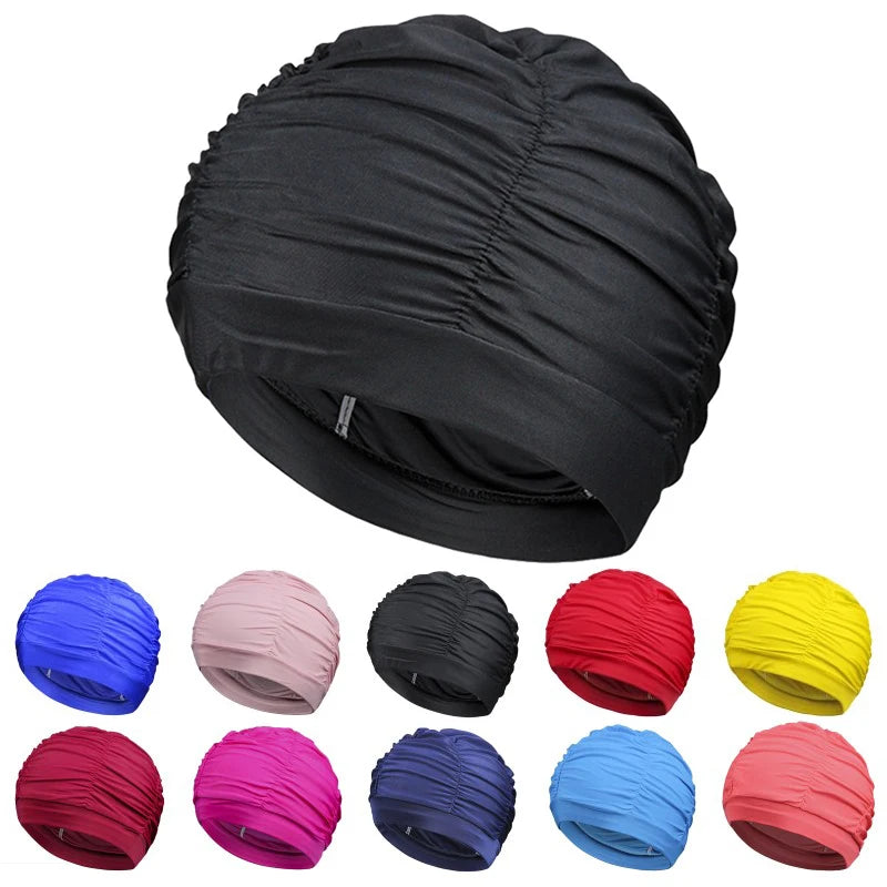 New Solid Color Long Hair Women Men Swim Pool Seaside Water Sports Elastic Pleated Nylon Fabric Bathing Swimming Caps Hat Turban