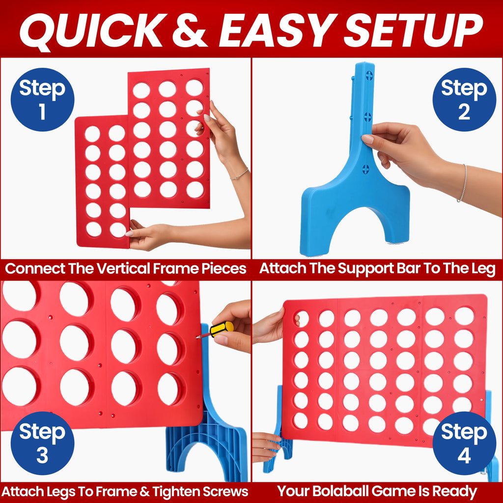 Bolaball 4 in a Row Outdoor Game - 1.8 Ft Life-Size Lawn Game for Family & Kids, Red Plastic, Model 317585