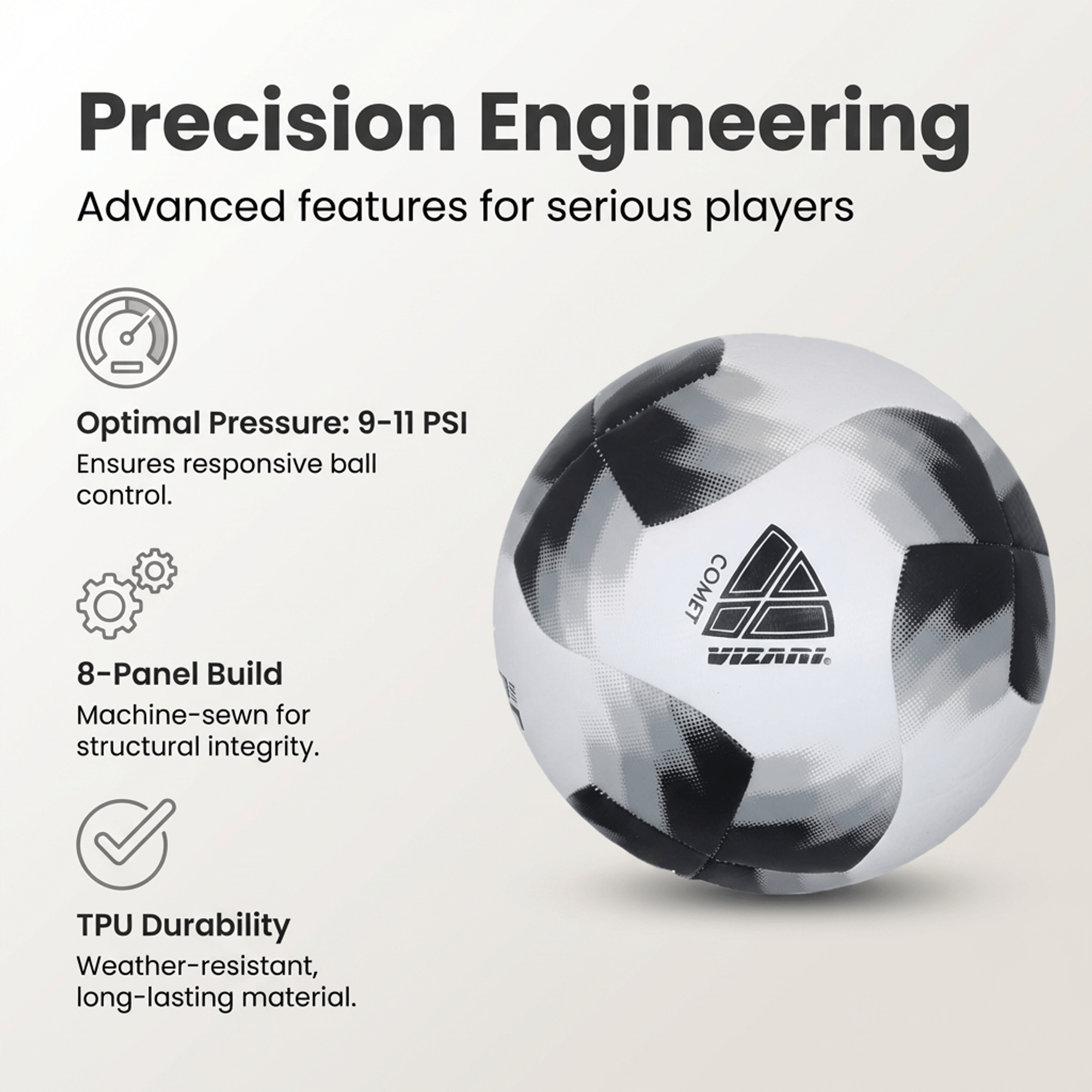 Vizari Comet Soccer Ball – Black, Machine-Sewn 8-Panel Training Ball