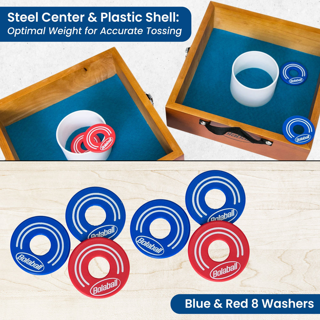 Bolaball Washer Toss Game Set - 2 Solid Wood Targets & 2.5" Washers - Outdoor Lawn Game for Family & Kids
