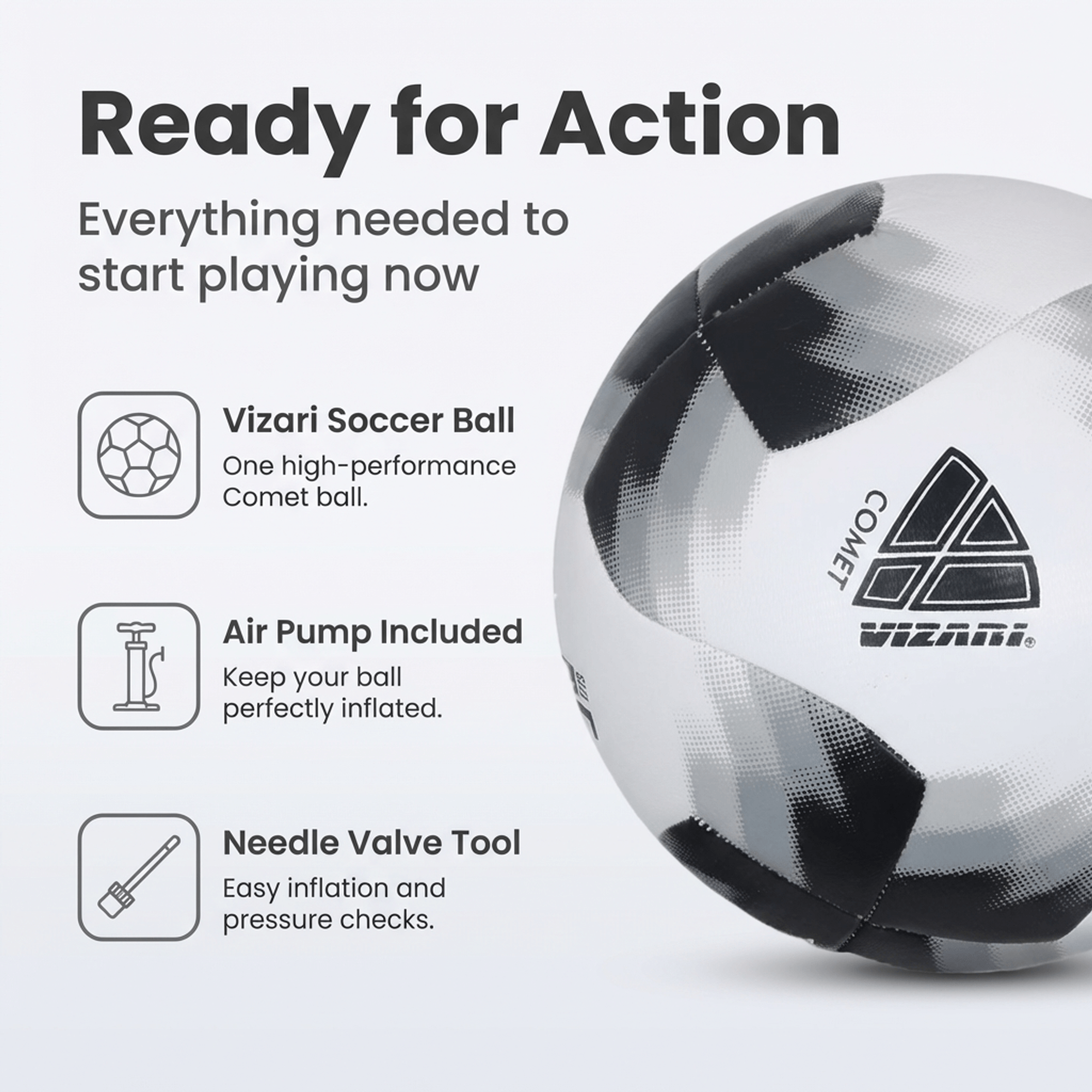 Vizari Comet Soccer Ball – Black, Machine-Sewn 8-Panel Training Ball