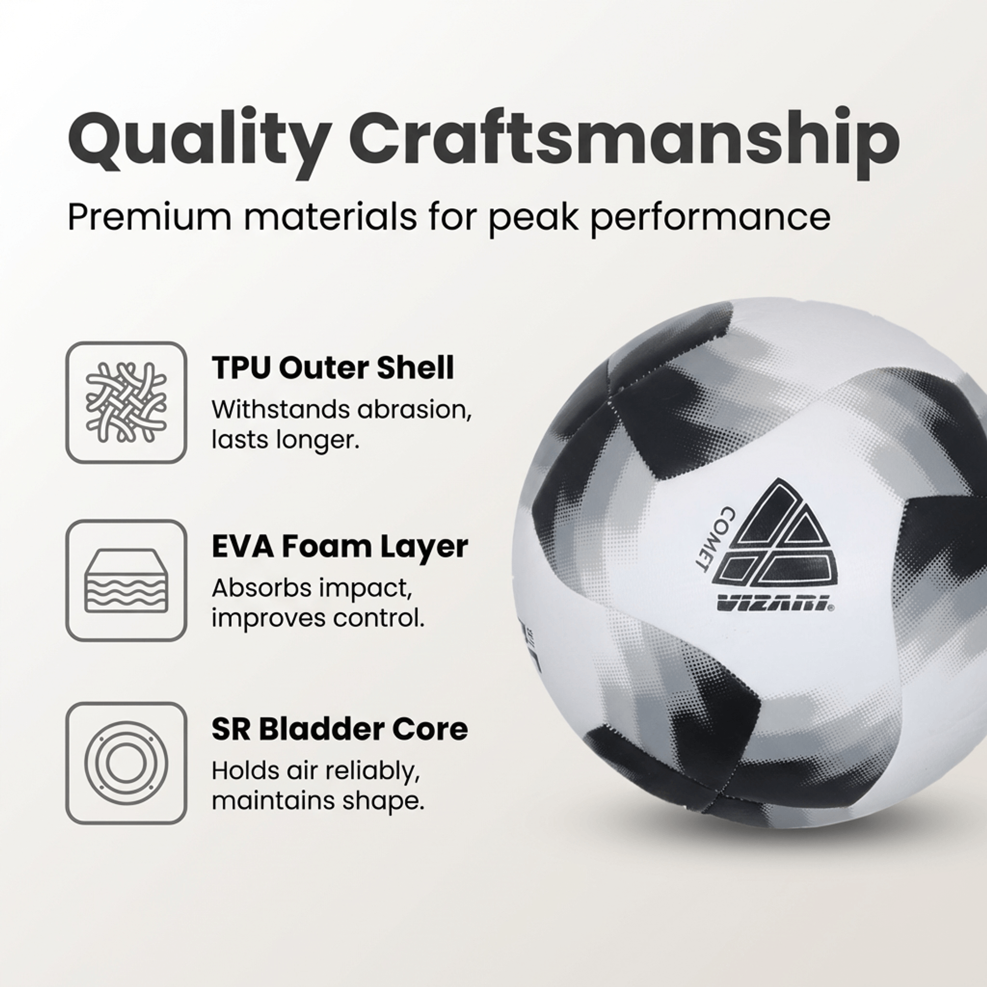 Vizari Comet Soccer Ball – Black, Machine-Sewn 8-Panel Training Ball