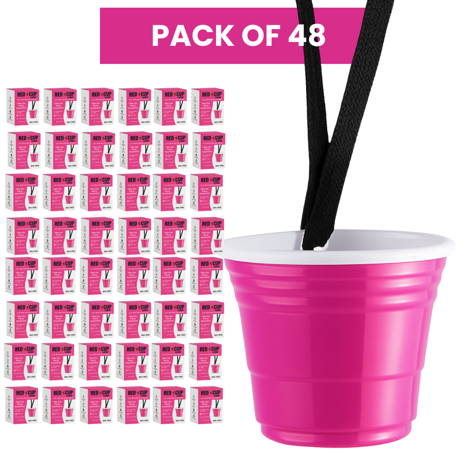Redcupliving 2 oz Pink Reusable Shot Cup with Lanyard
