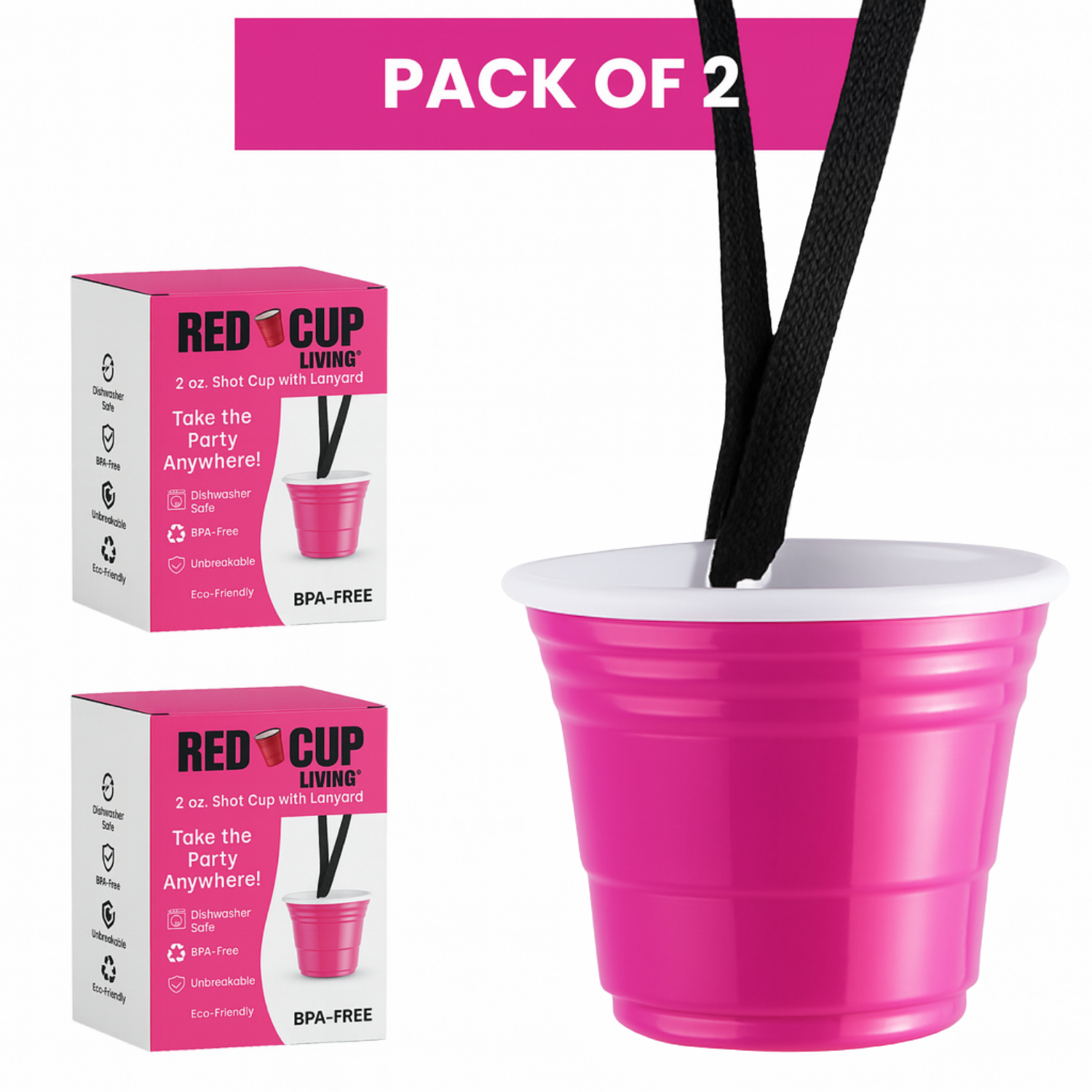 Redcupliving 2 oz Pink Reusable Shot Cup with Lanyard