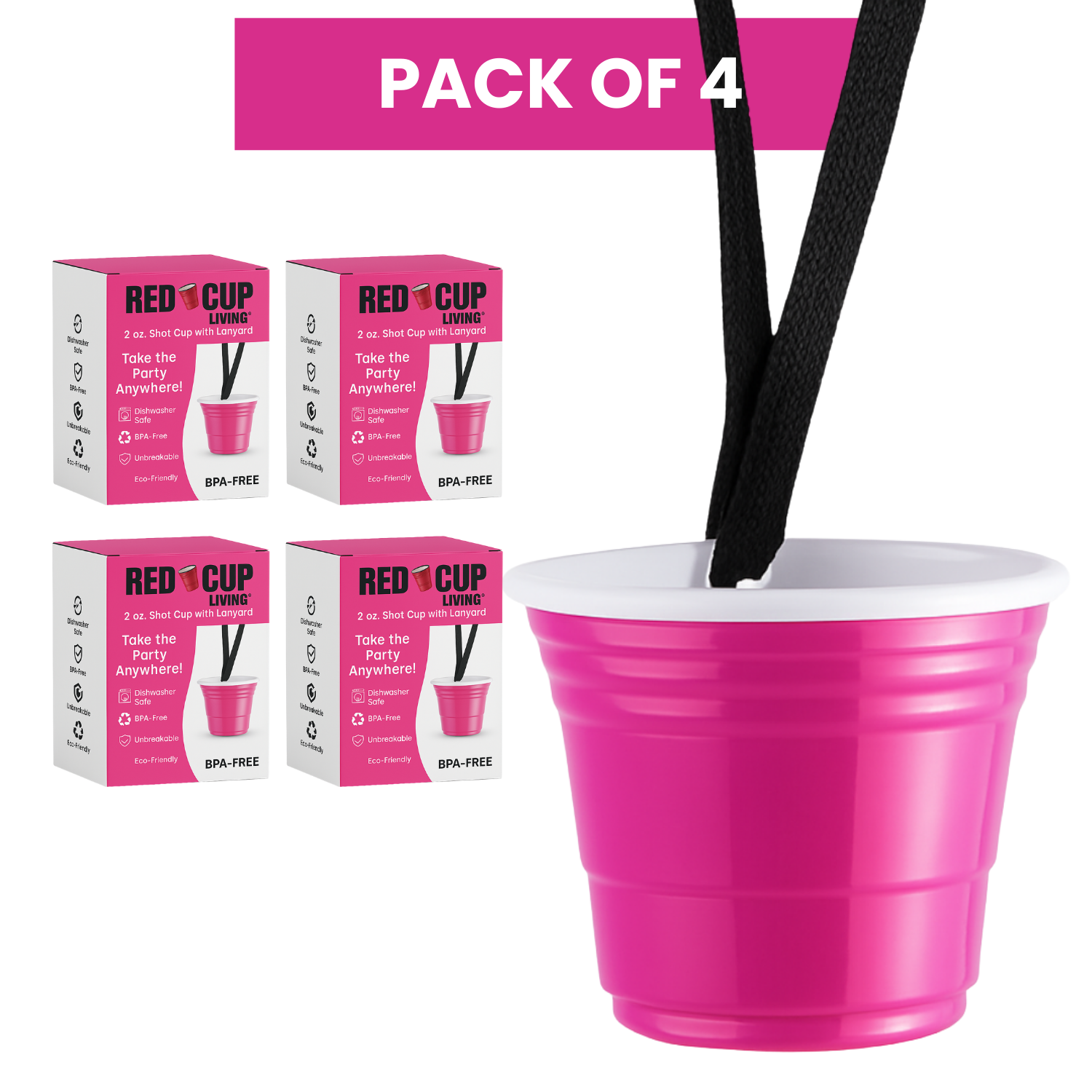 Redcupliving 2 oz Pink Reusable Shot Cup with Lanyard