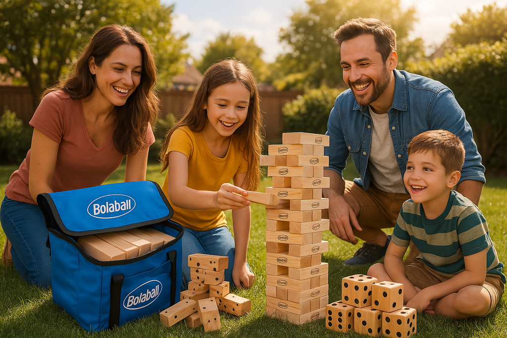 Bolaball 3 in 1 Game Set, 45 Pieces Large Tumbling Blocks, 28 Giant Dominoes and 6 Giant Dice, Indoor Outdoor Game Combo Set for Family and Friends with Carry Bag