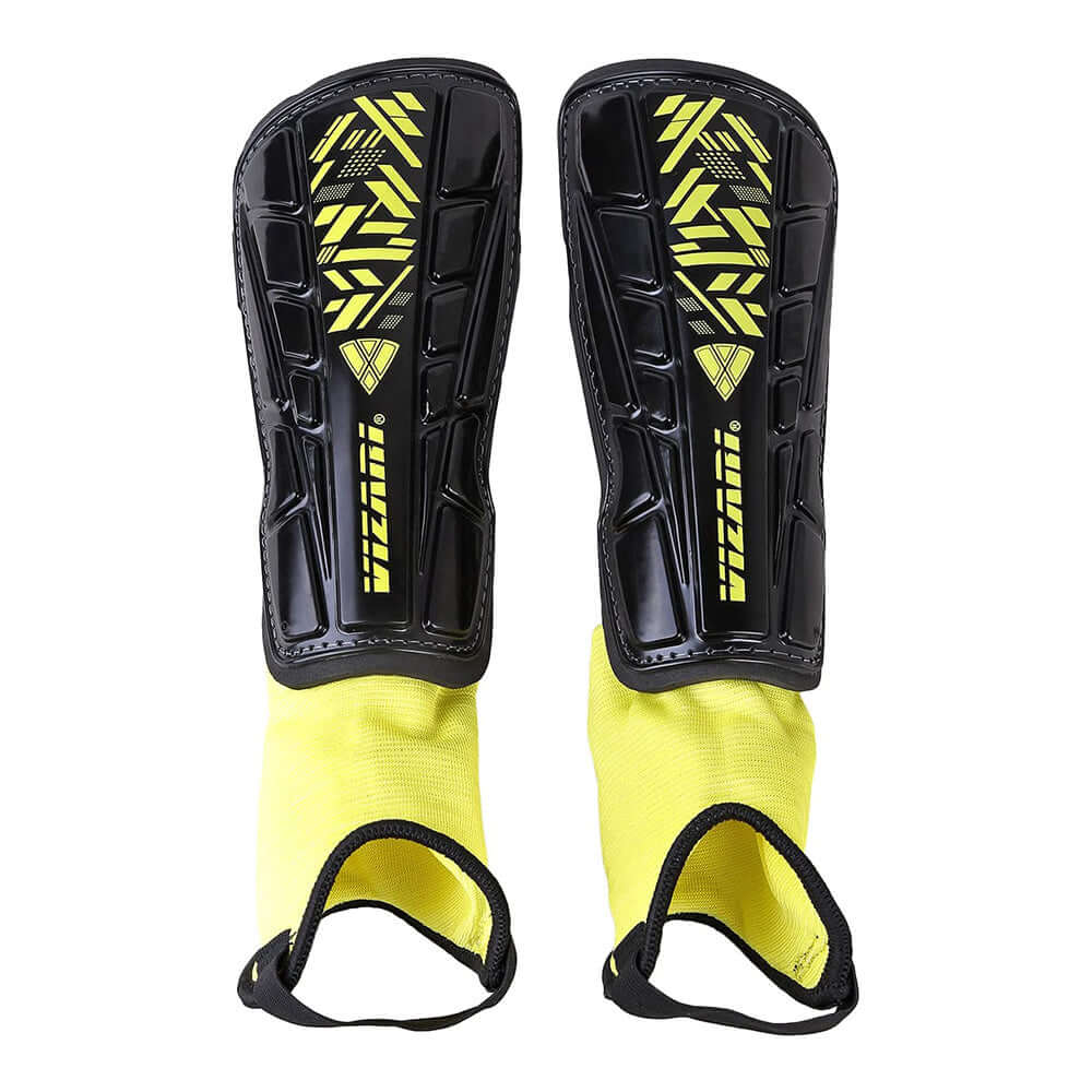 Vizari Malaga Soccer Shin Guards – Youth & Adult Ankle Protection, Adjustable Straps, Black/Yellow