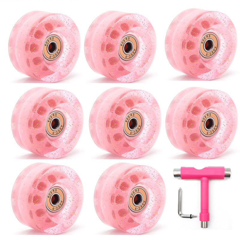 Cross-Border double-row skates transparent color non-luminous wheel four-wheel roller skates sequins pink wheel skateboard Universal
