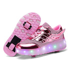 Cross-Border Exclusive Supply of Flashing Light-Up Roller Shoes for Children, Automatic Retractable Foreign Trade Double-Wheel Student Roller Shoes, Wholesale from Manufacturer
