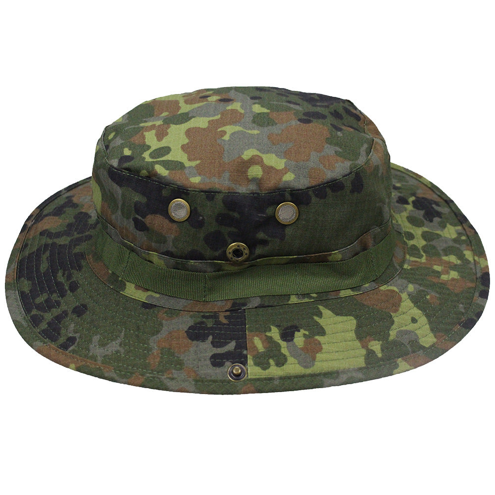 Camouflage Fisherman Hat Summer Hat with Windproof Rope Large Brim Sun Protection Hat Outdoor Hiking Fishing Sun Hat