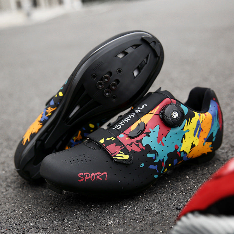 Mountain Bike Lockless Cycling Shoes for Men and Women, Graffiti Road Bike Lock Shoes, Hard-Soled Dynamic Cycling Shoes, Professional Bicycle Shoes