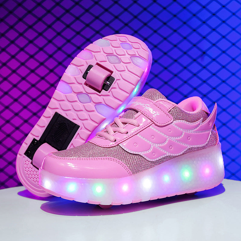 Cross-Border Exclusive Supply of Flashing Light-Up Roller Shoes for Children, Automatic Retractable Foreign Trade Double-Wheel Student Roller Shoes, Wholesale from Manufacturer