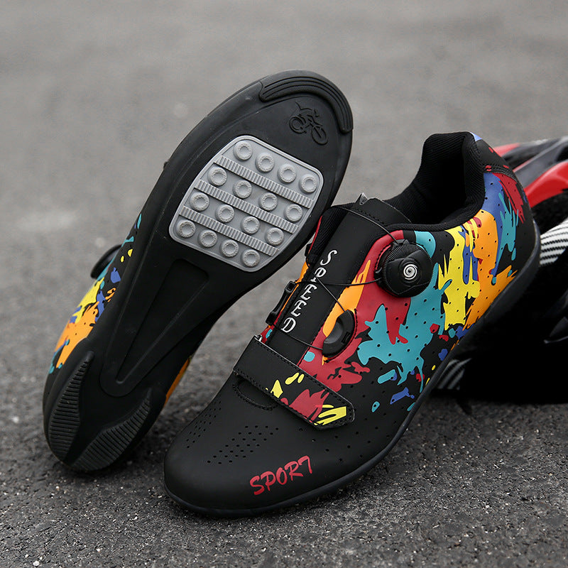 Mountain Bike Lockless Cycling Shoes for Men and Women, Graffiti Road Bike Lock Shoes, Hard-Soled Dynamic Cycling Shoes, Professional Bicycle Shoes