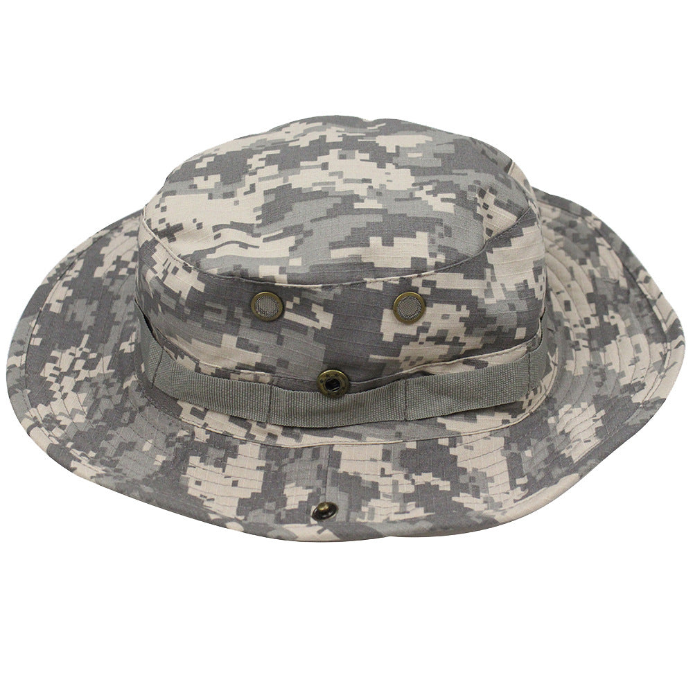 Camouflage Fisherman Hat Summer Hat with Windproof Rope Large Brim Sun Protection Hat Outdoor Hiking Fishing Sun Hat