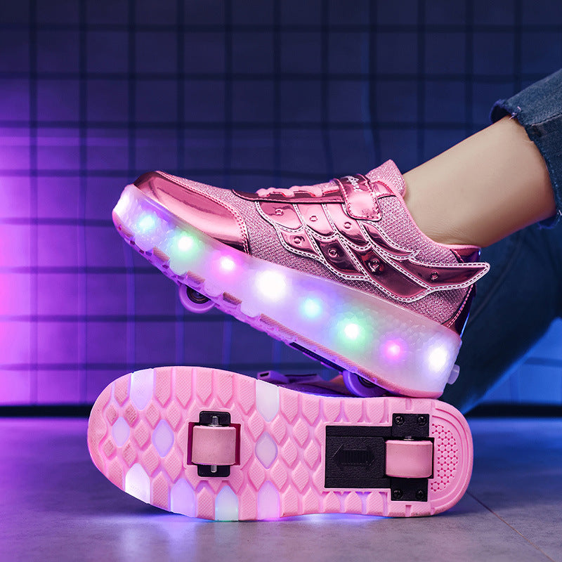 Cross-Border Exclusive Supply of Flashing Light-Up Roller Shoes for Children, Automatic Retractable Foreign Trade Double-Wheel Student Roller Shoes, Wholesale from Manufacturer