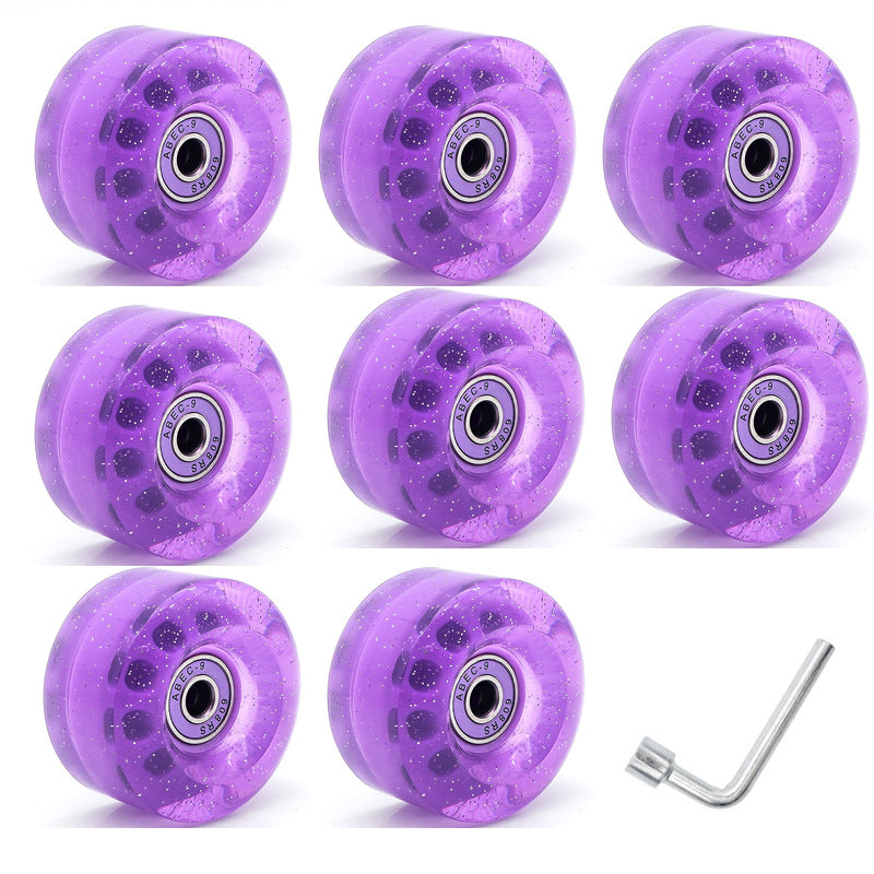 Cross-Border double-row skates transparent color non-luminous wheel four-wheel roller skates sequins pink wheel skateboard Universal
