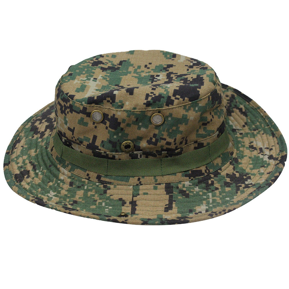 Camouflage Fisherman Hat Summer Hat with Windproof Rope Large Brim Sun Protection Hat Outdoor Hiking Fishing Sun Hat