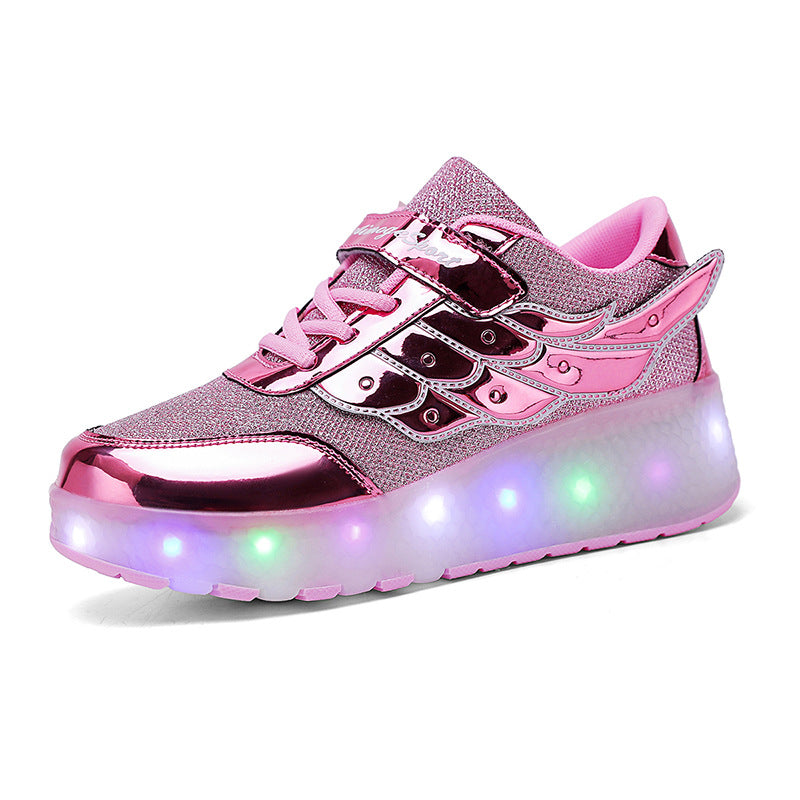 Cross-Border Exclusive Supply of Flashing Light-Up Roller Shoes for Children, Automatic Retractable Foreign Trade Double-Wheel Student Roller Shoes, Wholesale from Manufacturer