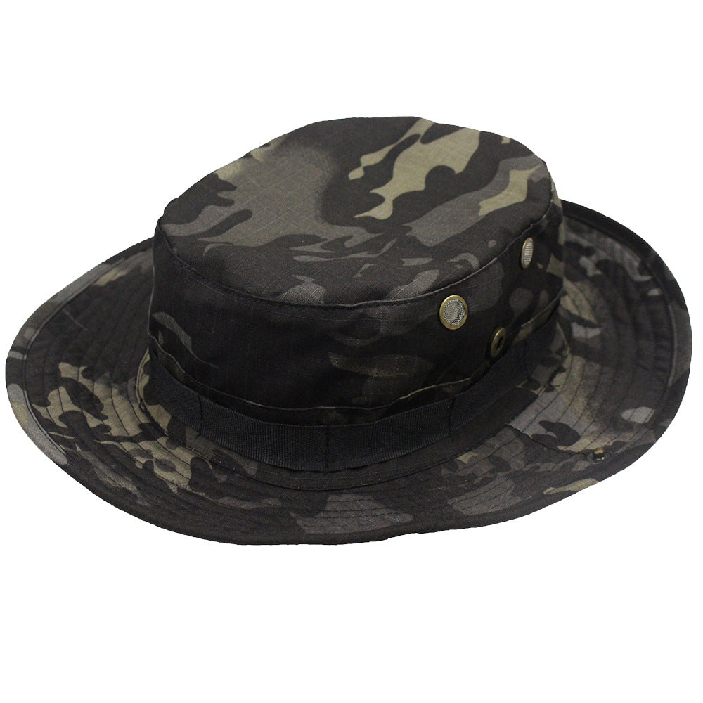 Camouflage Fisherman Hat Summer Hat with Windproof Rope Large Brim Sun Protection Hat Outdoor Hiking Fishing Sun Hat