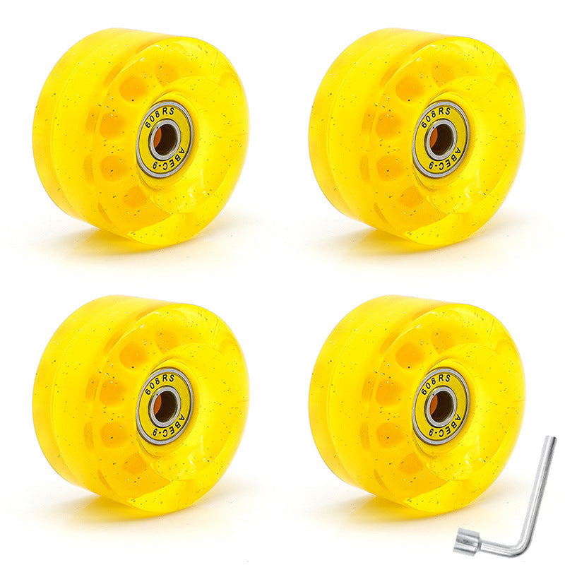 Cross-Border double-row skates transparent color non-luminous wheel four-wheel roller skates sequins pink wheel skateboard Universal
