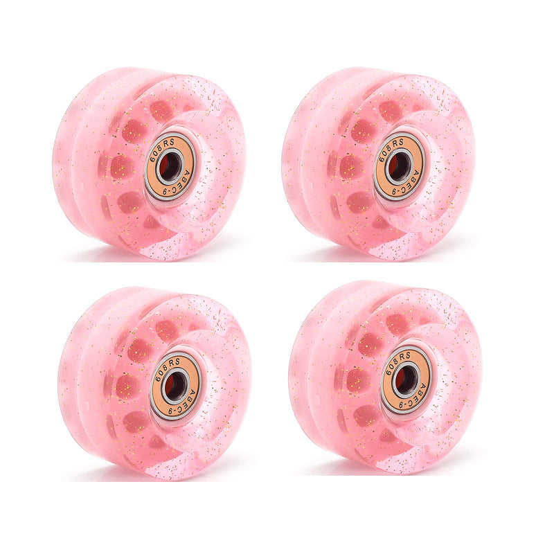 Cross-Border double-row skates transparent color non-luminous wheel four-wheel roller skates sequins pink wheel skateboard Universal