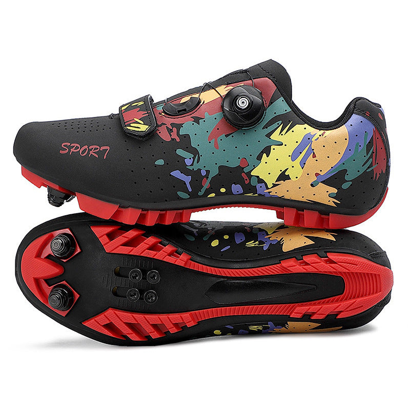 Mountain Bike Lockless Cycling Shoes for Men and Women, Graffiti Road Bike Lock Shoes, Hard-Soled Dynamic Cycling Shoes, Professional Bicycle Shoes