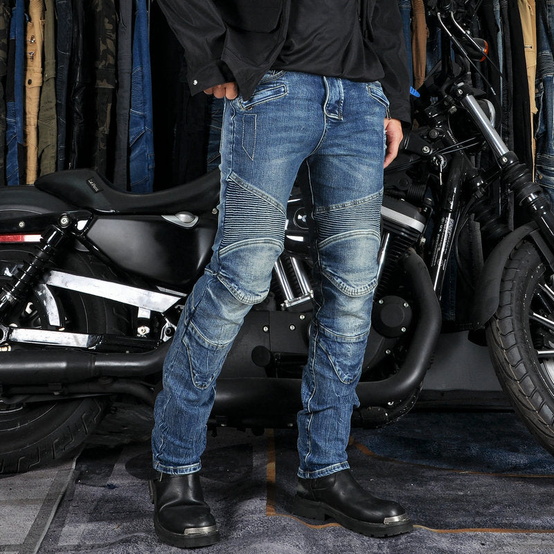 Volero Motorcycle Anti-Fall Riding Pants for Men, Casual Retro Washed Distressed Gray-Blue Motorcycle Jeans
