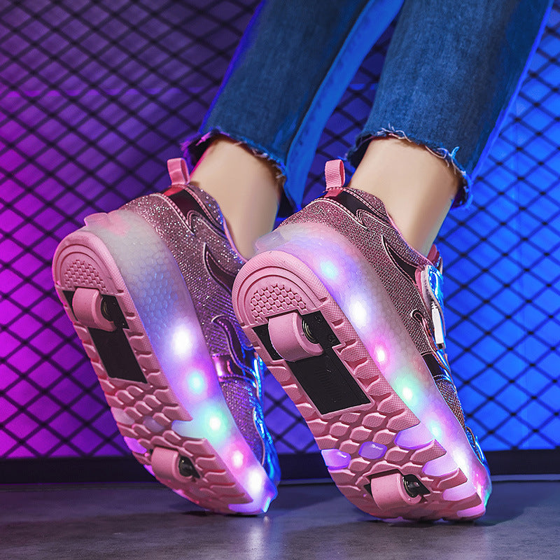 Factory Direct Sale Children's Light-Up Roller Shoes with Double Wheels, Invisible Student Roller Skates with Wheels for Walking, Suitable for Girls
