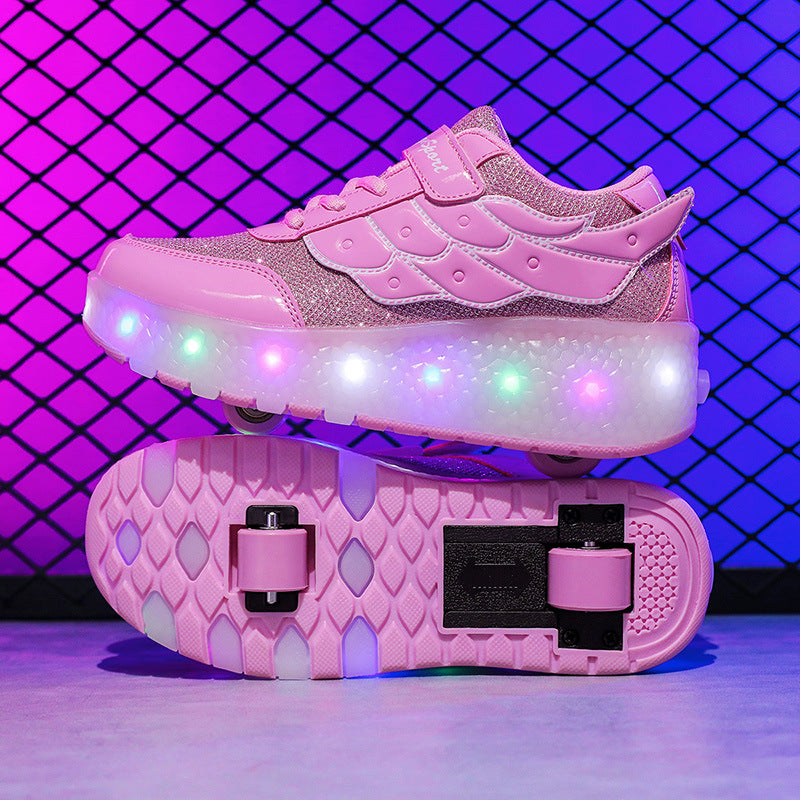 Cross-Border Exclusive Supply of Flashing Light-Up Roller Shoes for Children, Automatic Retractable Foreign Trade Double-Wheel Student Roller Shoes, Wholesale from Manufacturer