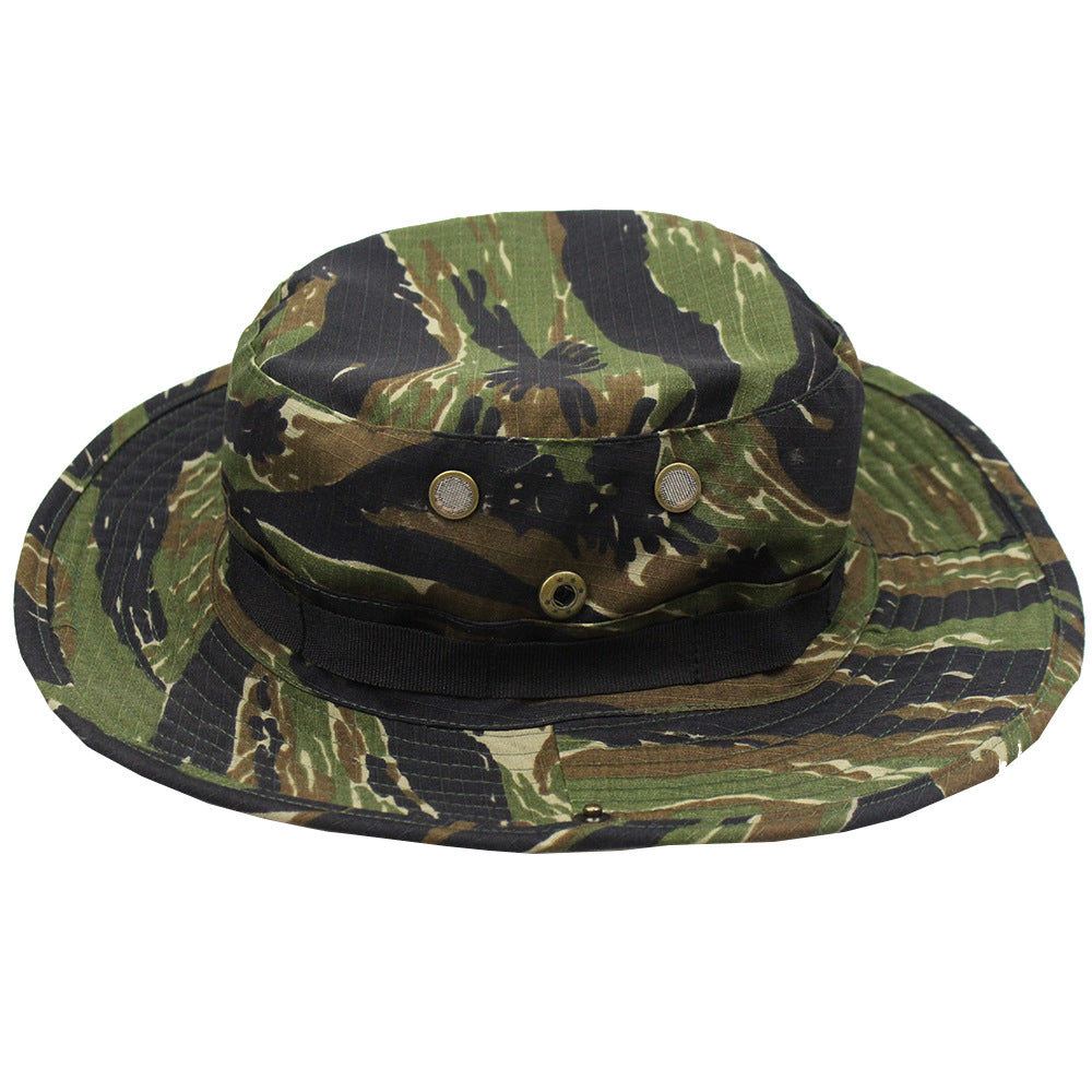 Camouflage Fisherman Hat Summer Hat with Windproof Rope Large Brim Sun Protection Hat Outdoor Hiking Fishing Sun Hat