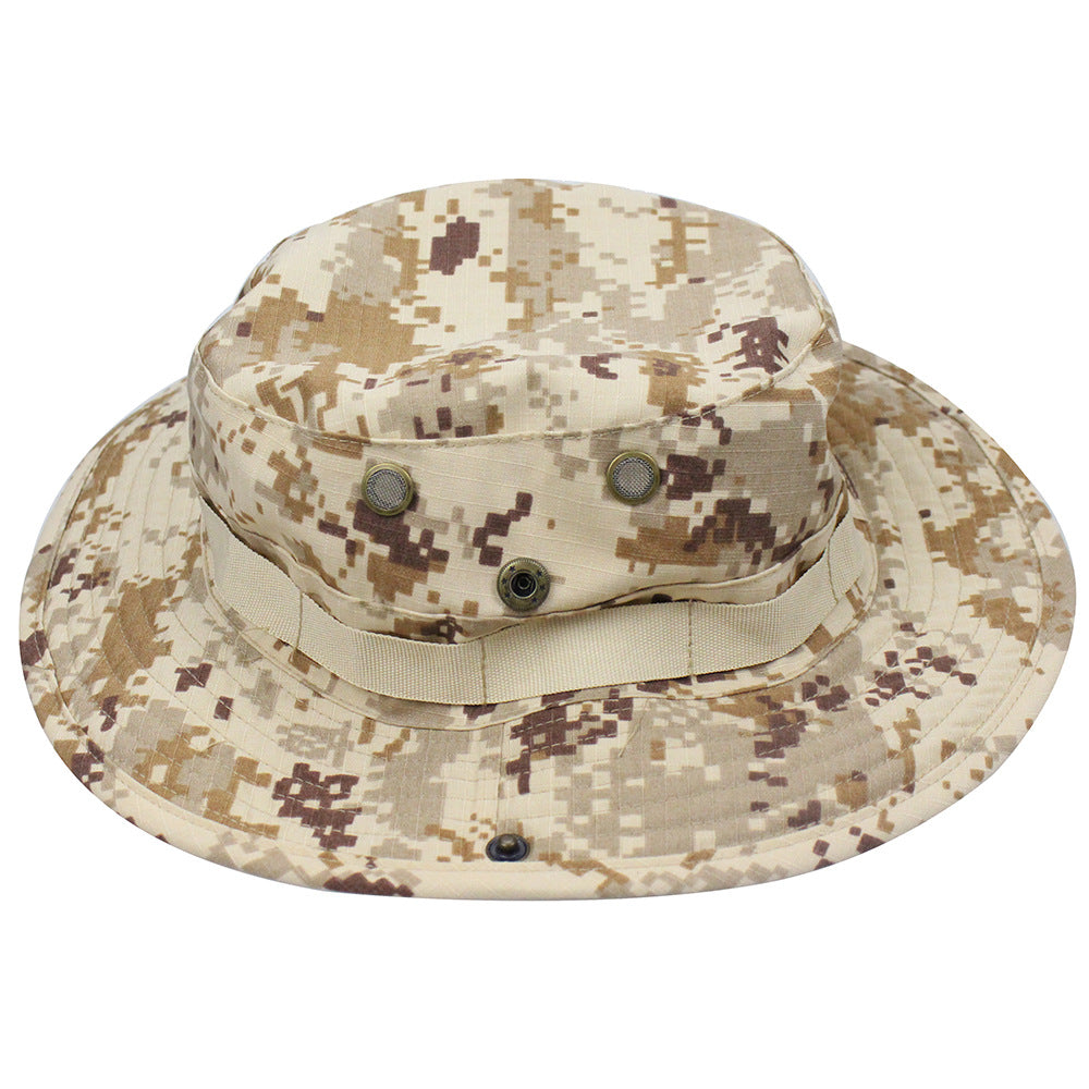 Camouflage Fisherman Hat Summer Hat with Windproof Rope Large Brim Sun Protection Hat Outdoor Hiking Fishing Sun Hat