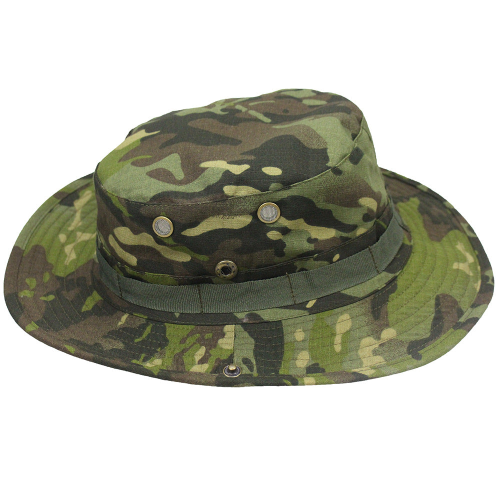 Camouflage Fisherman Hat Summer Hat with Windproof Rope Large Brim Sun Protection Hat Outdoor Hiking Fishing Sun Hat