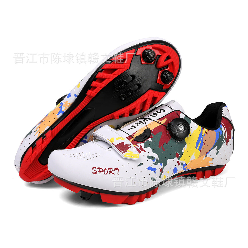 Mountain Bike Lockless Cycling Shoes Men's and Women's Graffiti Road Bike Lock Shoes Hard Sole Dynamic Bicycle Shoes Bicycle Professional Shoes