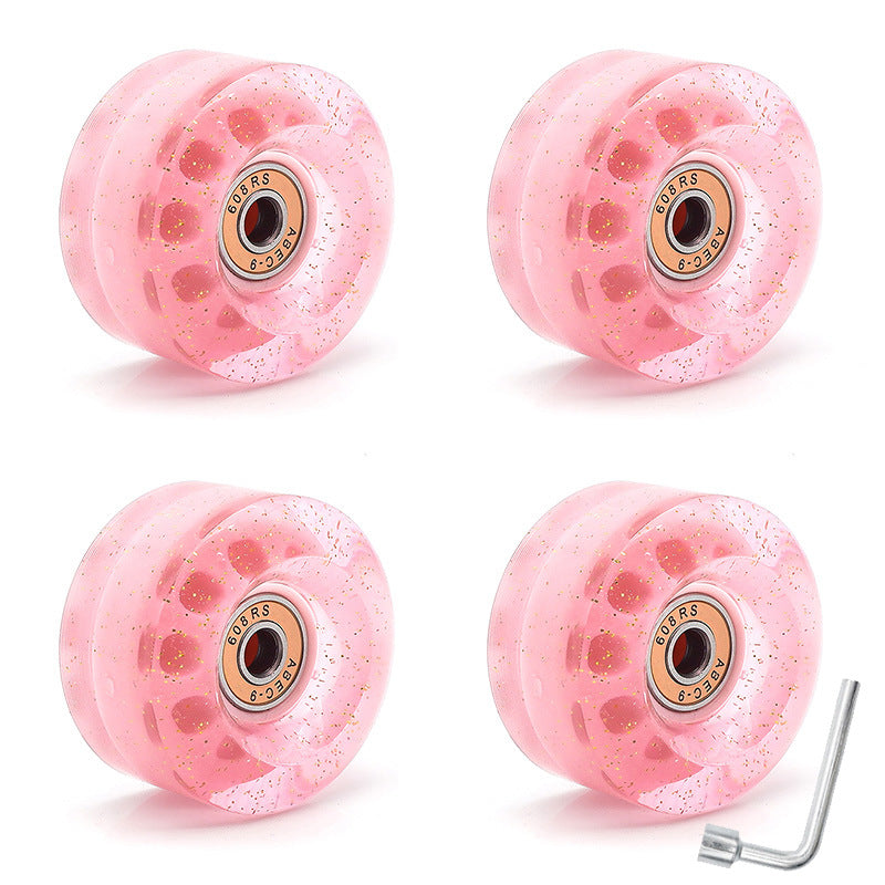Cross-Border double-row skates transparent color non-luminous wheel four-wheel roller skates sequins pink wheel skateboard Universal