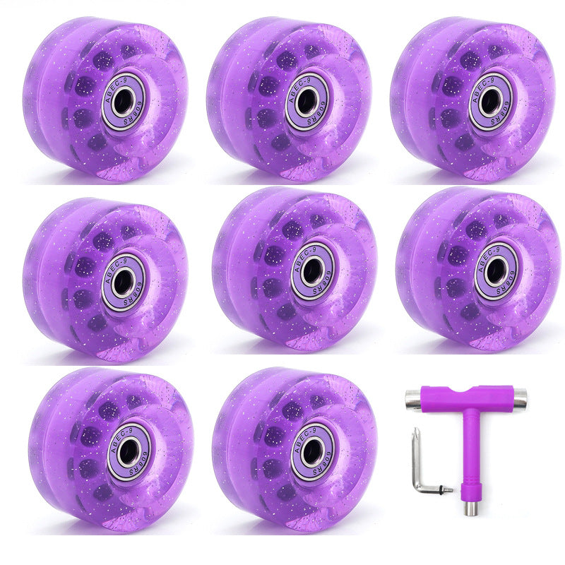 Cross-Border double-row skates transparent color non-luminous wheel four-wheel roller skates sequins pink wheel skateboard Universal