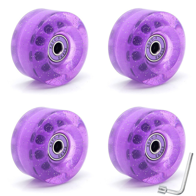 Cross-Border double-row skates transparent color non-luminous wheel four-wheel roller skates sequins pink wheel skateboard Universal