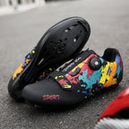 Mountain Bike Lockless Cycling Shoes Men's and Women's Graffiti Road Bike Lock Shoes Hard Sole Dynamic Bicycle Shoes Bicycle Professional Shoes