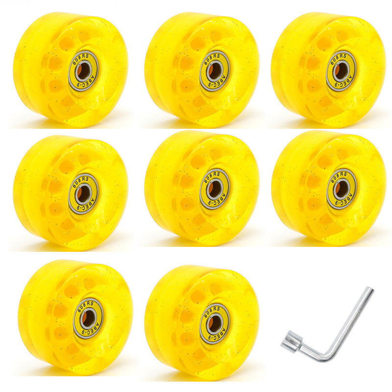 Cross-Border double-row skates transparent color non-luminous wheel four-wheel roller skates sequins pink wheel skateboard Universal