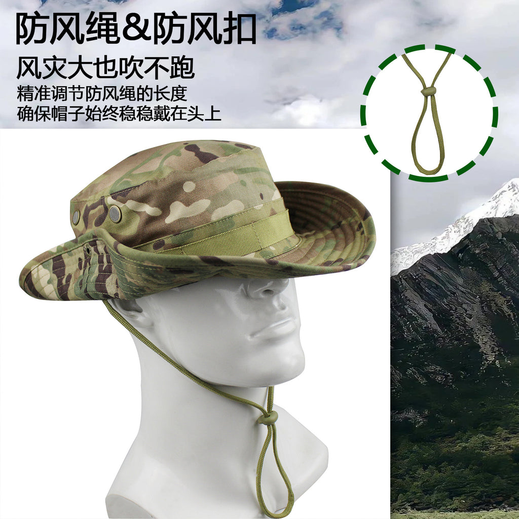 Camouflage Fisherman Hat Summer Hat with Windproof Rope Large Brim Sun Protection Hat Outdoor Hiking Fishing Sun Hat