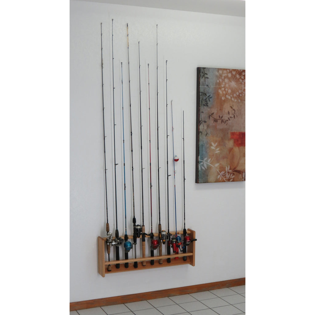 Wooden Mallet Fishing Rod Rack, 10 Rod, Light Oak