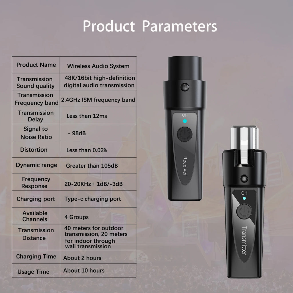 XLR Wireless Microphone Transmitter Receiver，  2.4Ghz Microphone Wireless System, Rechargeable Wireless Mic Adapter for Audio Mi