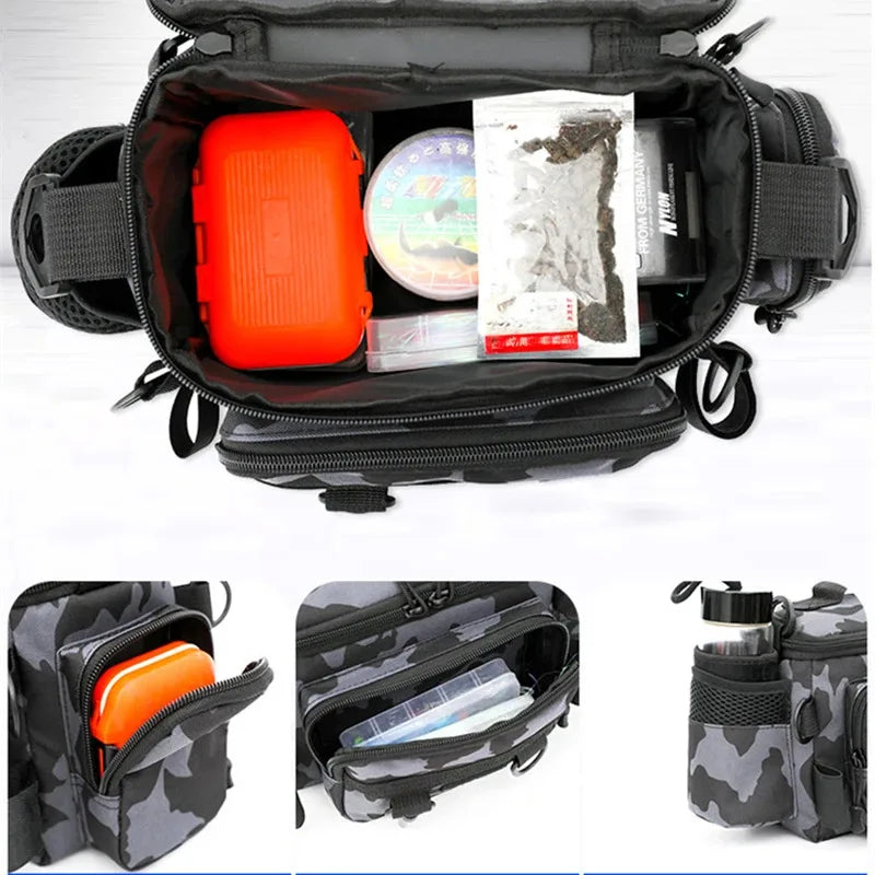Black Fishing Tackle Shoulder Bag Storage Waist Bag，Outdoor Sports Bag with Fishing Rod Holder