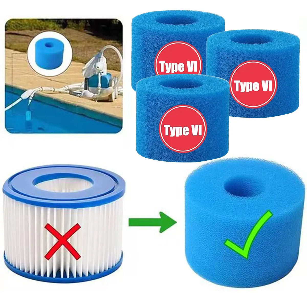 3Pcs Swimming Poo Filter Sponge Reusable Washable Foam for Type V1 Pools and above Ground Swimming Pools Equipment