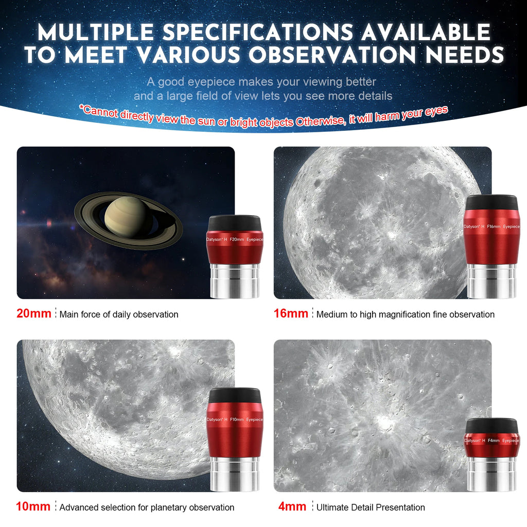 Datyson 1.25' Telescope Eyepiece 4mm 10mm 16mm 20mm Optional- FMC Coated Huygens Eyepieces for Planetary & Deep Sky Observation