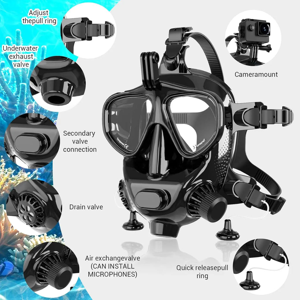 Diving Mask Full Face Snorkel Mask,180 Panoramic View Dry Top System Soft Silicone Adjustable Head Straps Comfortable Breathing Design Anti Leak With Drain Valve Max 98 Feet Deep For Adult Snorkeling Scuba Diving